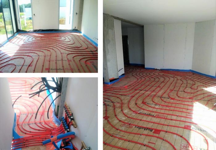 Consultez la chantier : vente installation surface plancher chauffant 84 m² construction neuve guidel morbihan 