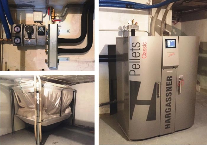 Installation chaudière à granulés de bois (pellets) Hargassner avec silo de stockage sur réseau de radiateurs