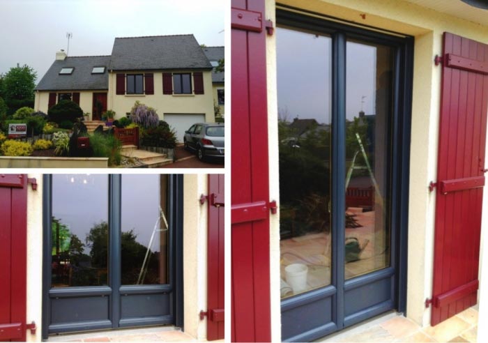 Fenetres, Portes-fenetres et volets battants MIXTE -  Interieur chêne naturel, Exterieur gris 7016, rouge pourpre 3004 - Region Bretagne