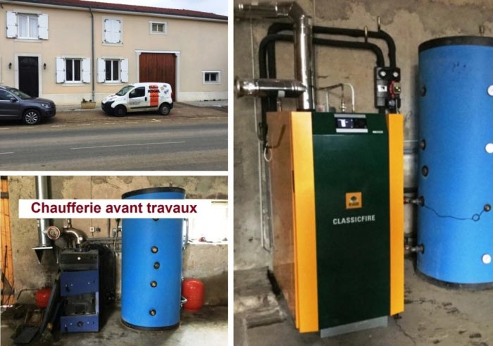 Consultez la chantier : chaudiere bois bûches de marque kwb modèle classicfire 2 ballons tampon de 2000 litres + 1000 avec eau chaude sanitaire à vieville 54 meurthe et moselle