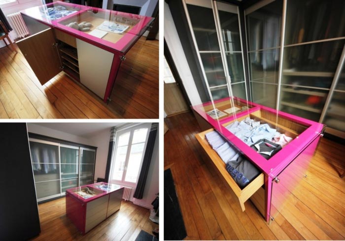 Consultez la chantier : fabrication et pose d'un dressing sur mesure porte coulissante et îlot central