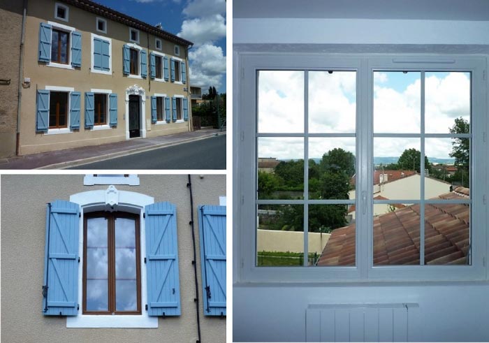 rénovation facade + fenêtre pvc plaxé bois grosfillex + volet bois peints