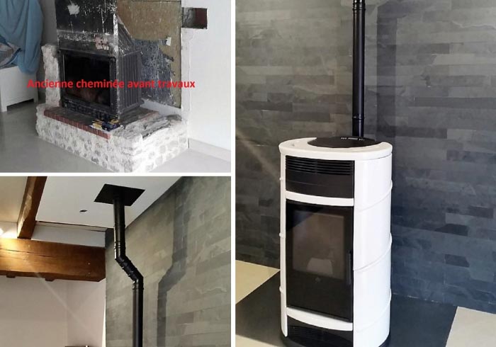 installation d'un poêle à granulés de bois pellets hydraulique, thermopoêle de marque edilkamin fuji à sermaises 45 300