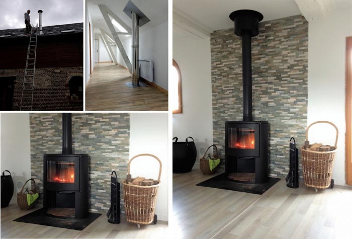 Artisan RGE plombier chauffagiste, Poele à bois SUPRA persée bucher avec conduit inox isolé POUJOULAT