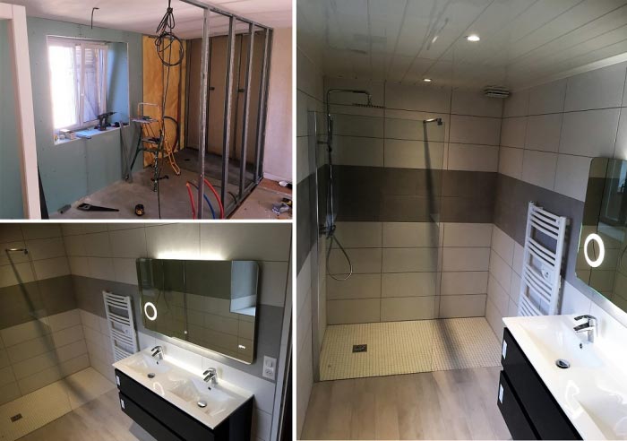 BIGEARD EURL : Réalisation d'une salle de bain complète avec douche à l'italienne + radiateur sèche serviette + faïence