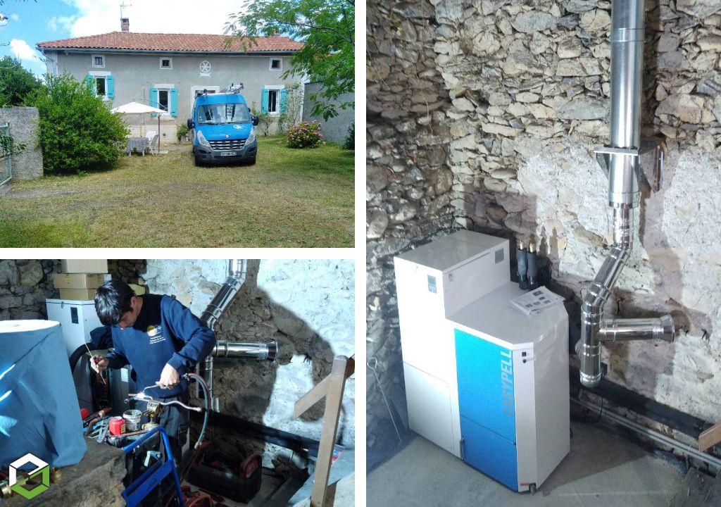 Installation d'une chaudière à granulé de bois manuel avec création du réseau radiateur en cuivre dans une maison en pierre existante en rénovation en Comminges