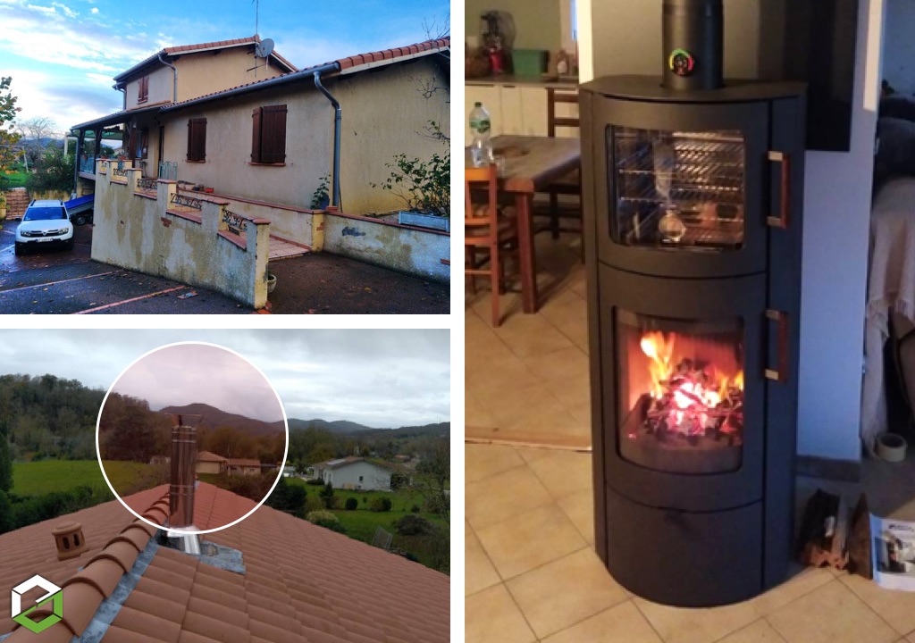 Pose d'un poêle à bois (bûche) étanche avec four de la marque NOVALINE & création du conduit de fumée