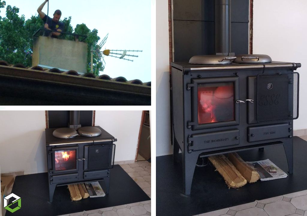 Pose d'une cuisinière bois dans une cuisine à la place d'une cheminée en pierre