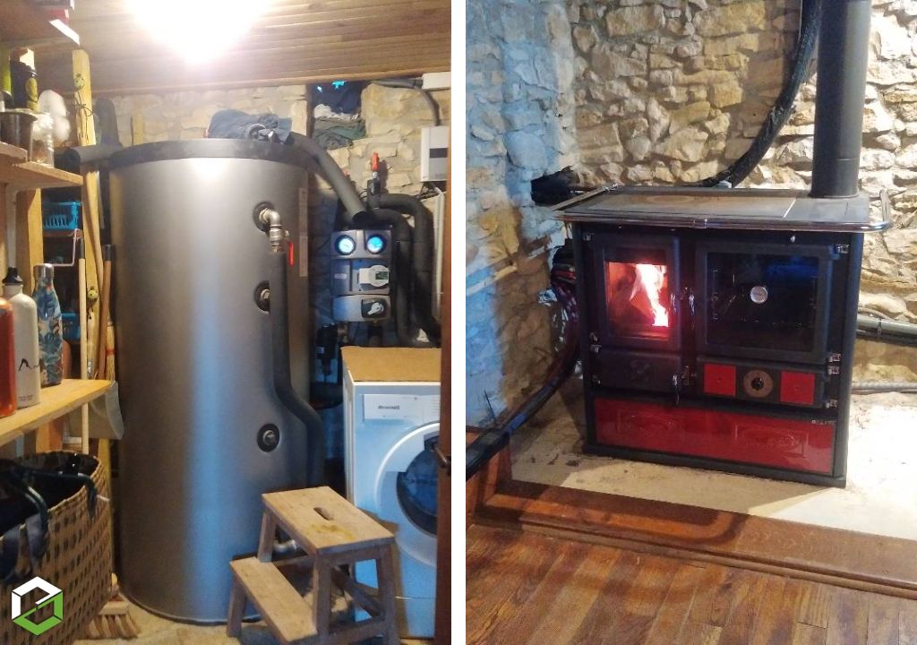Fourniture et pose d'une cuisinière bois (bûches) bouilleur (hydro) Nordica avec ballon tampon et chauffe eau solaire-Haute Garonne (31)