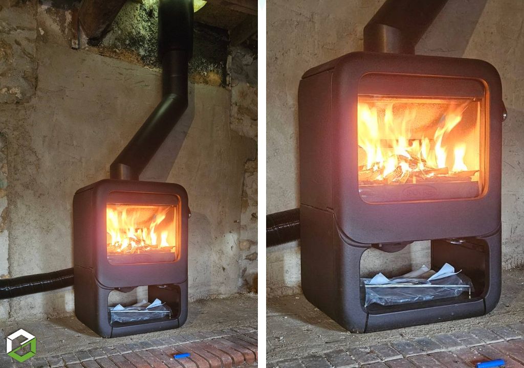 Installations d'un poêle à bois (bûche) de la marque Dovre en remplacement d'un insert dans une cheminée suite à des non-conformitéss