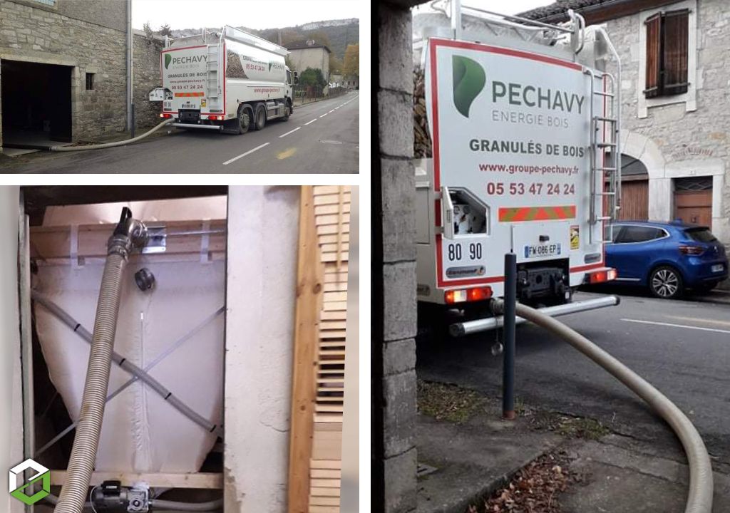 Livraison en bord de route de granulés de bois en vrac certifiés DIN+ et EN+ à Saint-Antonin-Noble-Val (82) par Péchavy Energie Bois-Tarn et Garonne (82)