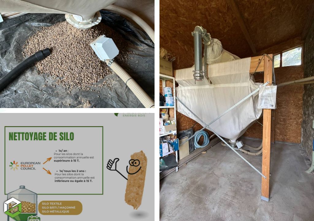 Silo textile conique Okofen : 300kg de résidus de pellets retirés lors d'un nettoyage réalisé par Péchavy à Laplume (47)