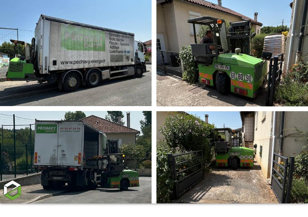 Livraison de granulés de bois à Monsempron-Libos avec passage de portail étroit de 2.25m maîtrisé par notre chauffeur Péchavy