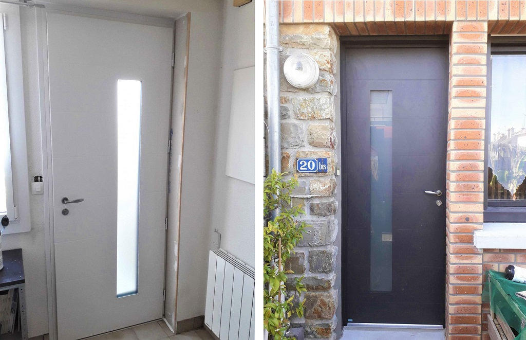 pose d'une porte d'entrée en aluminium