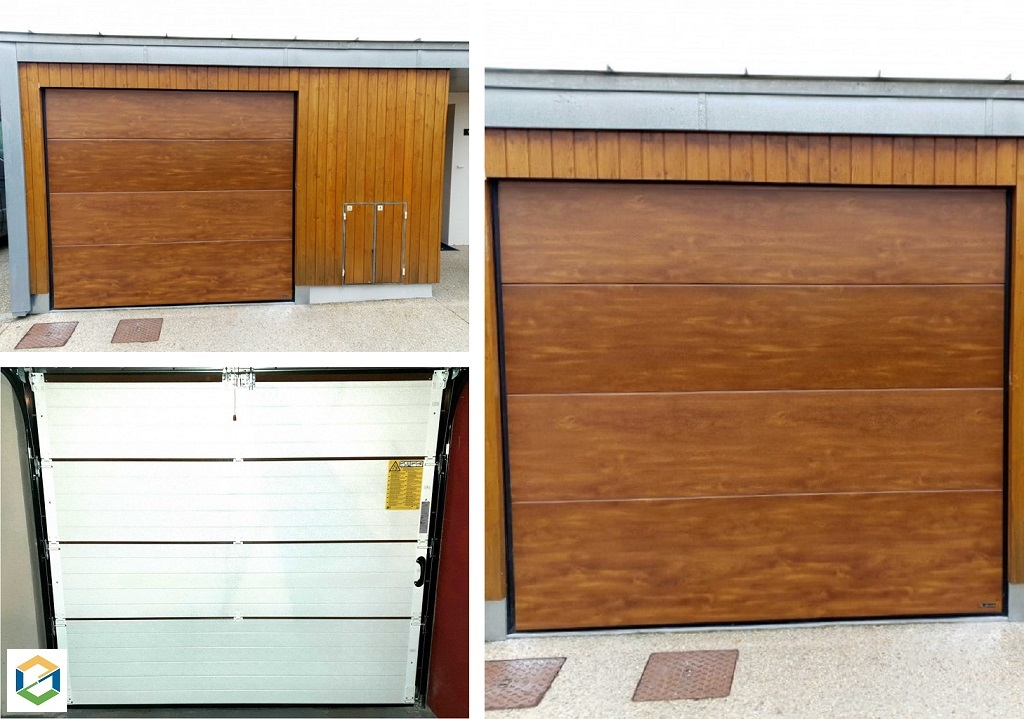 pose d'une porte de garage acier revêtement chêne