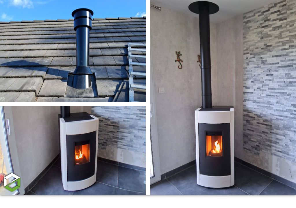 Installation d'un poêle à granulé RIKA Revo II Pierre blanche