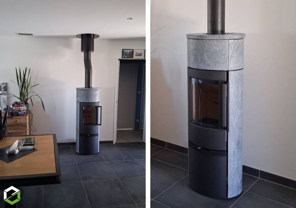 Installation d'un poêle a bois Termatech TT21 RHS HST pierre ollaire