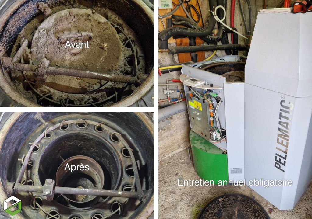 Entretien, vérifications techniques et SAV pour une chaudière à granulés de bois OKOFEN, ramonage rotatif du conduit de fumées