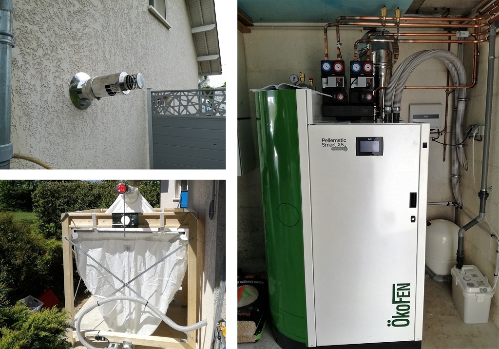 chaudière à granulés de bois de marque okofen modèle smart xs  ,  silo de stockage des granulés 4t avec aspiration et vis de reprise