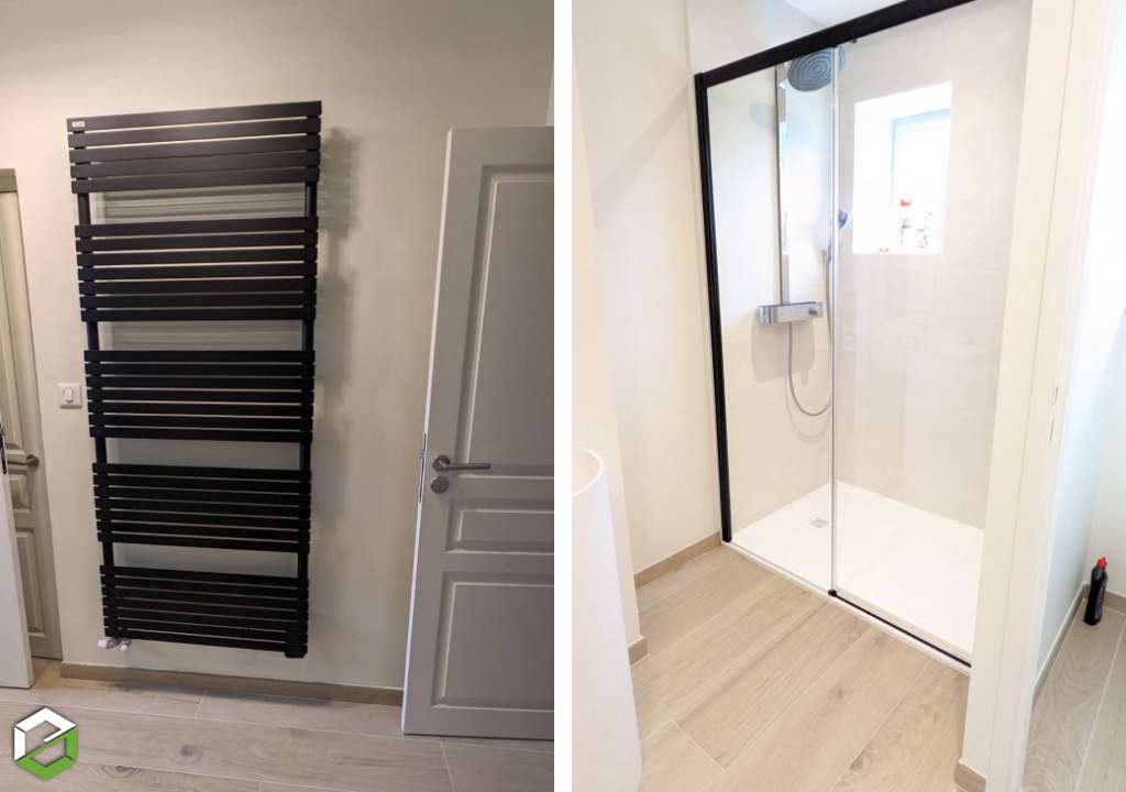 Rénovation de salle de bains : Douche, Vasque Totem, WC suspendu, radiateur sèche serviette 