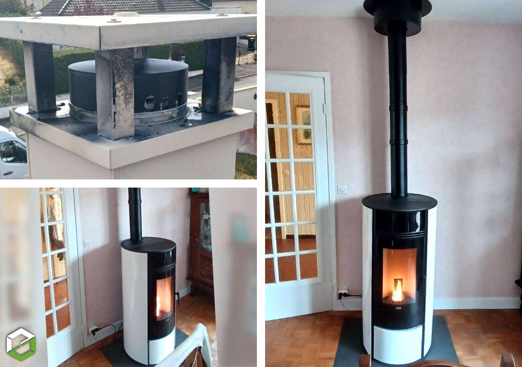 installation d'un poêle à granulés de bois de marque klover modèle os8kh super 7 ivoire flamme verte 7 * - entreprise rge qualibois