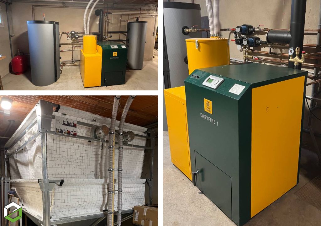 mise en place d'une chaudière à granulés de la marque : kwb modéle : easyfire 1 usp v15 - entreprise rge qualibois flamme verte 7*