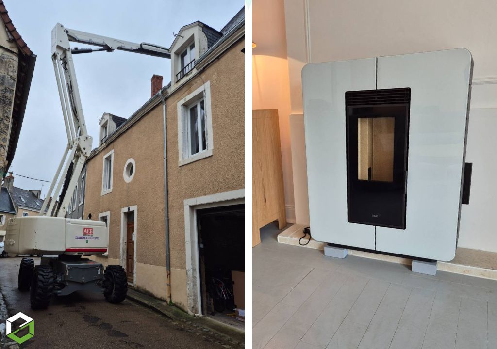 Consultez la chantier : mise en place d'un poêle à granulés de bois de la marque : klover modéle : xs10k v astra glass- entreprise rge qualibois 7*