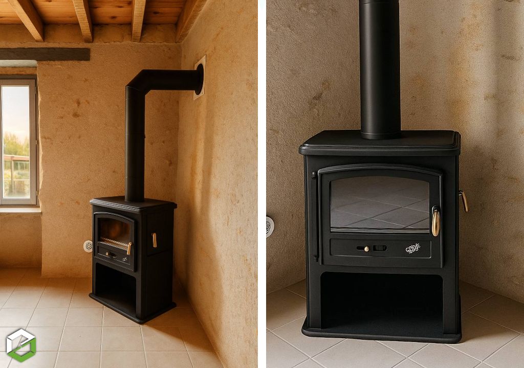 Installation d’un poêle à bûches Godin avec conduit de fumée double paroi isolé