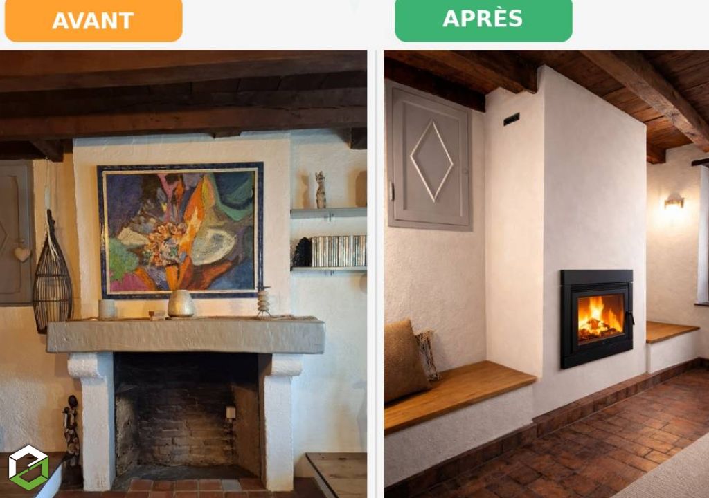 Installation d'un insert à granulés de bois de la Marque : EDILKAMIN Modèle : PELKAMIN EVO 10+