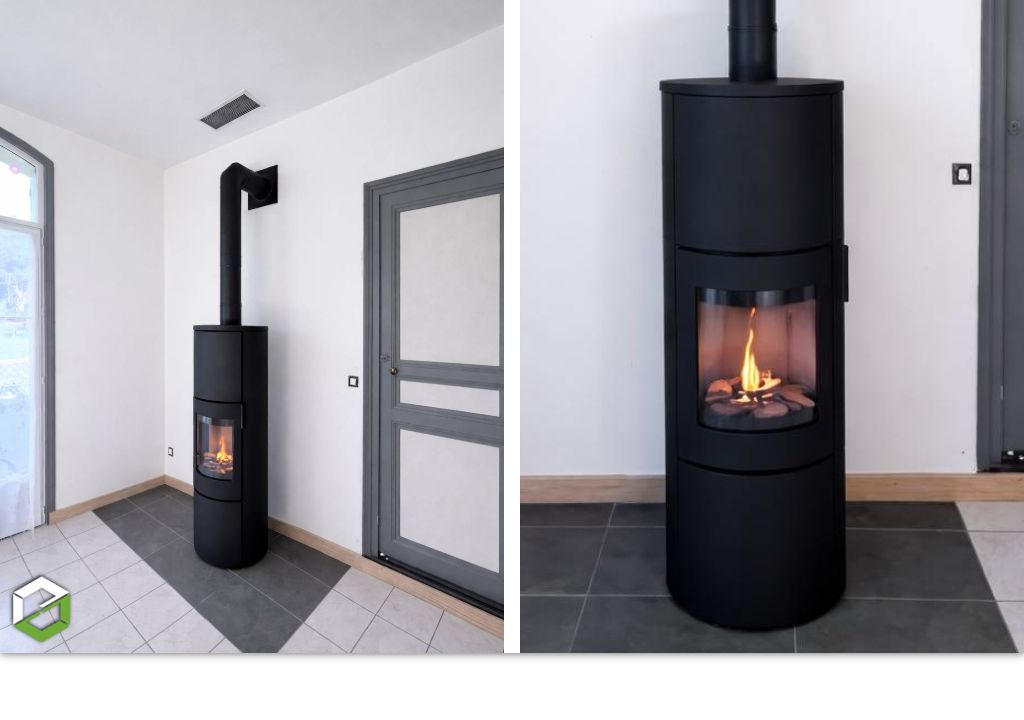 Installation d'un poêle à bois RHEA Modèle : RLA6- Entreprise RGE Qualibois 7*