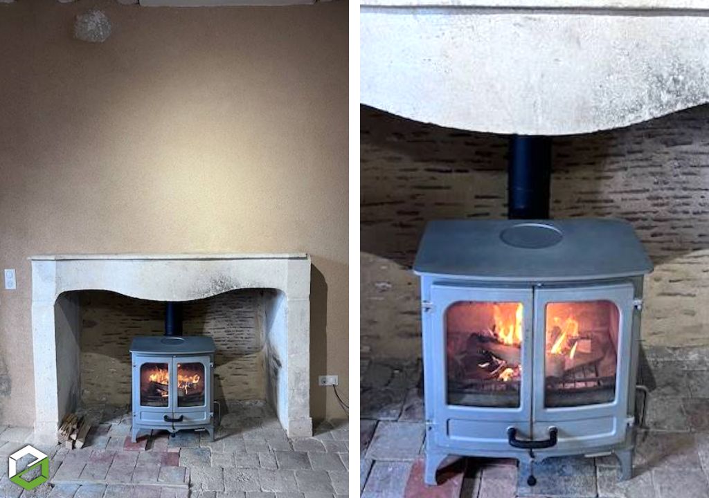 Mise en place d'un poêle à bois du client de la Marque : CHARNWOOD Modéle : ISLAND 2 - Entreprise RGE Qualibois