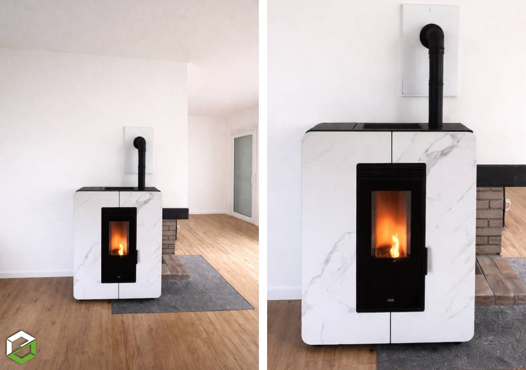 Mise en place d'un poêle à granulés de la Marque : KLOVER Modéle : XS10K-G ASTRA STONE - Entreprise RGE Qualibois