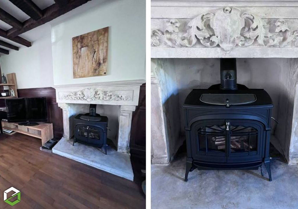 Installation d'un poêle à bois VERMONT CASTINGS Modèle : ENCORE FLEXBURN 