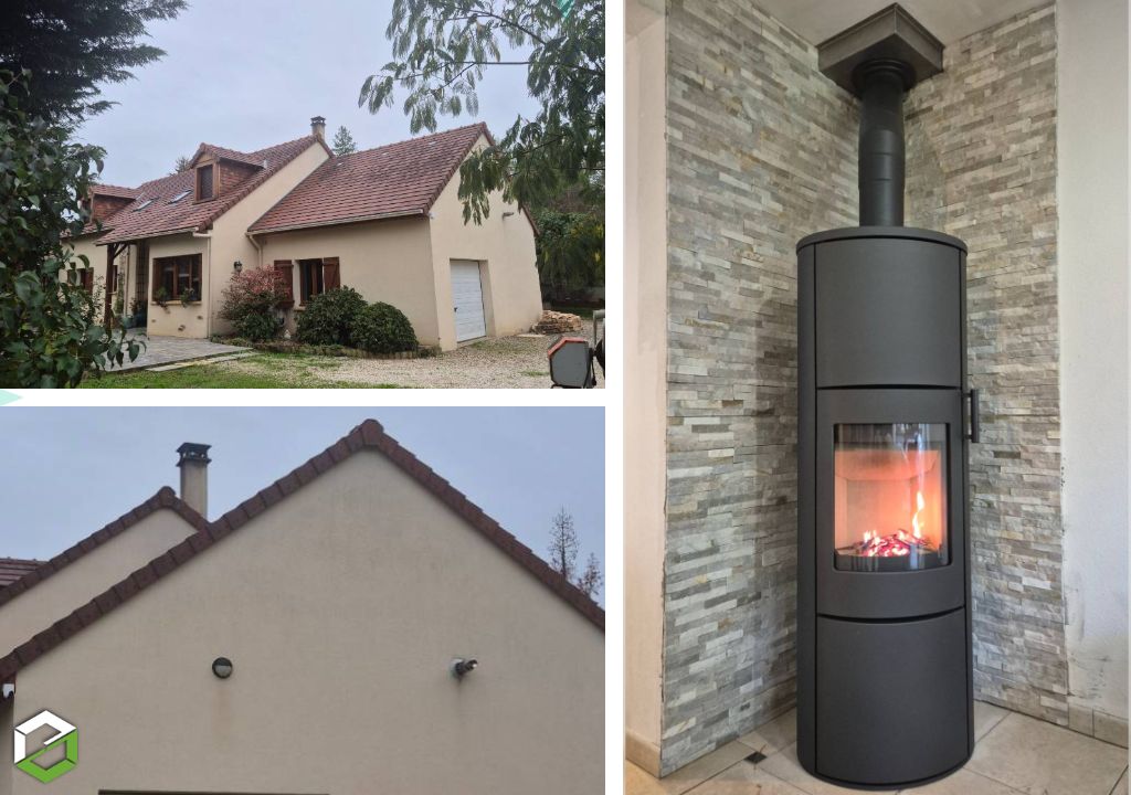 Installation d’un poêle à bois RHEA RLA6 par Soliris, entreprise RGE Qualibois