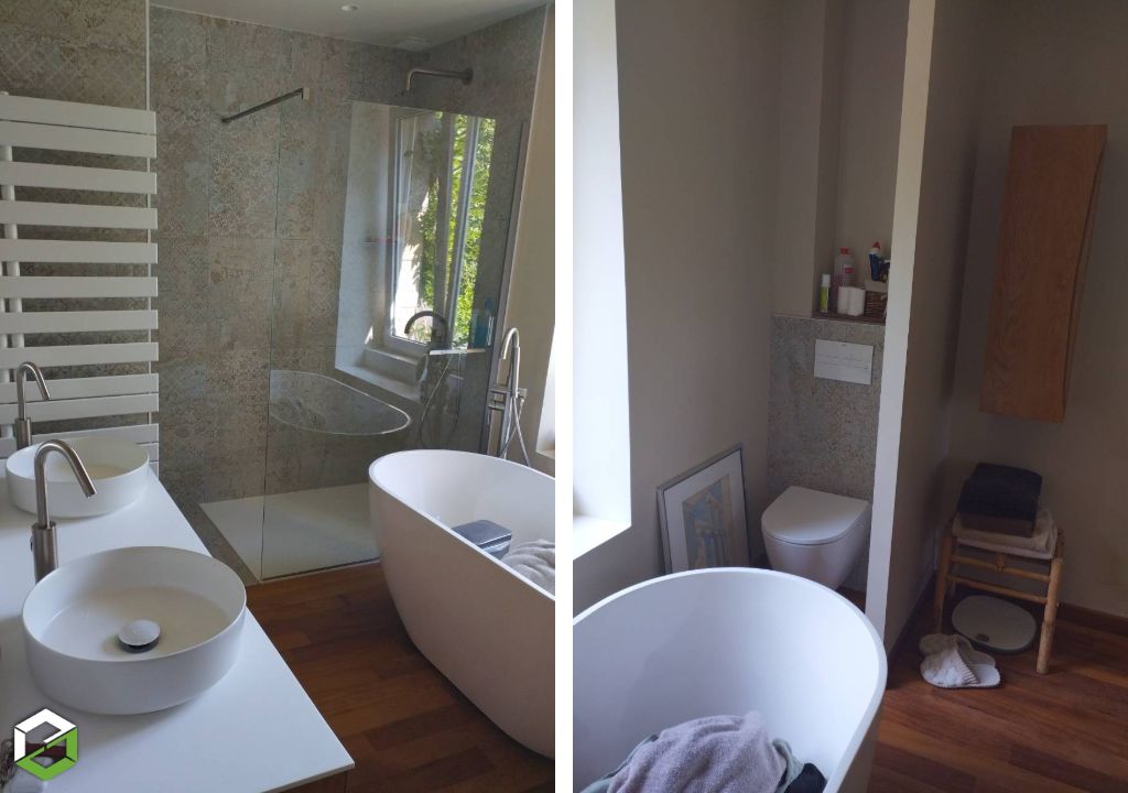 Rénovation complète de salle de bain avec baignoire îlot et WC suspendu