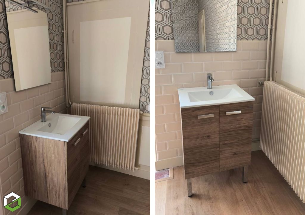 Pose d'un meuble de salle de bain déco avec lavabo