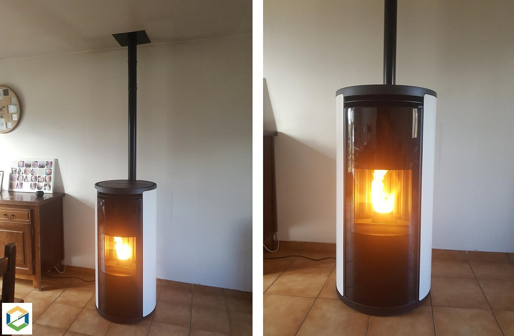 Consultez la chantier : installateur poêle aux granulés : installation d'un poêle aux granulés de bois evia 2  de marque edilkamin