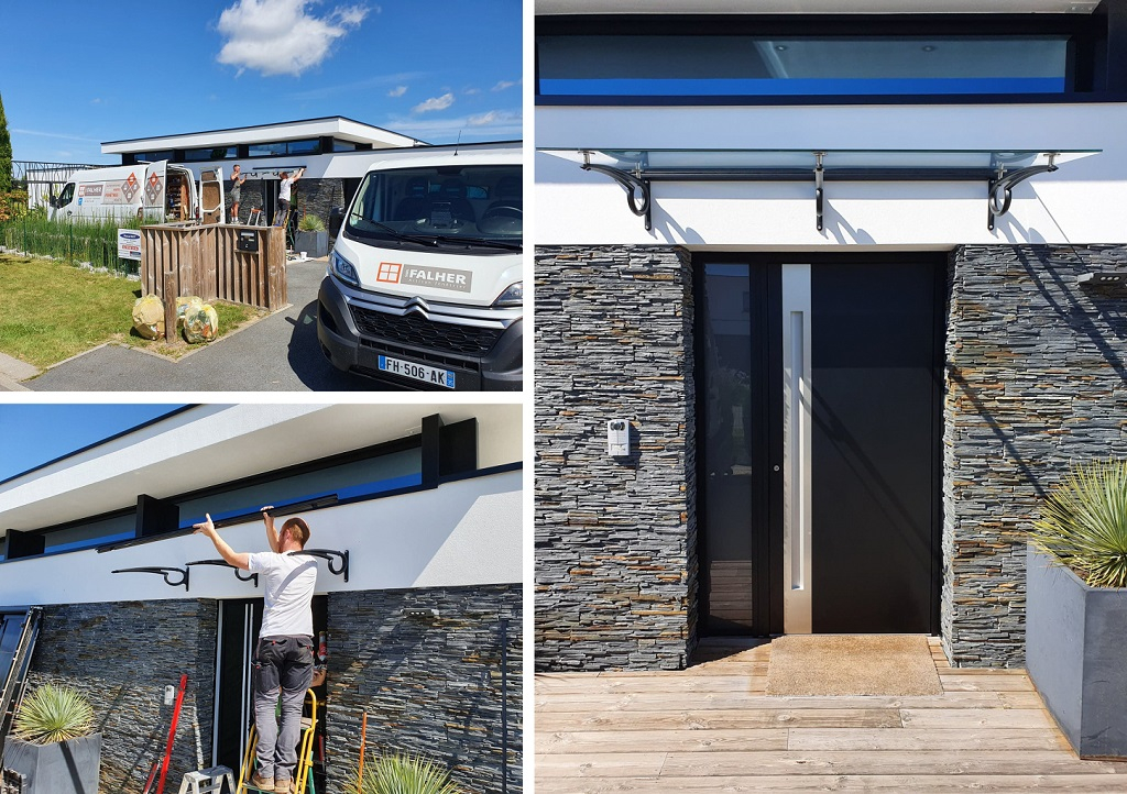 SARL FALHER : Pose d'une nouvelle porte d'entrée avec marquise moderne sur une maison contemporaine 