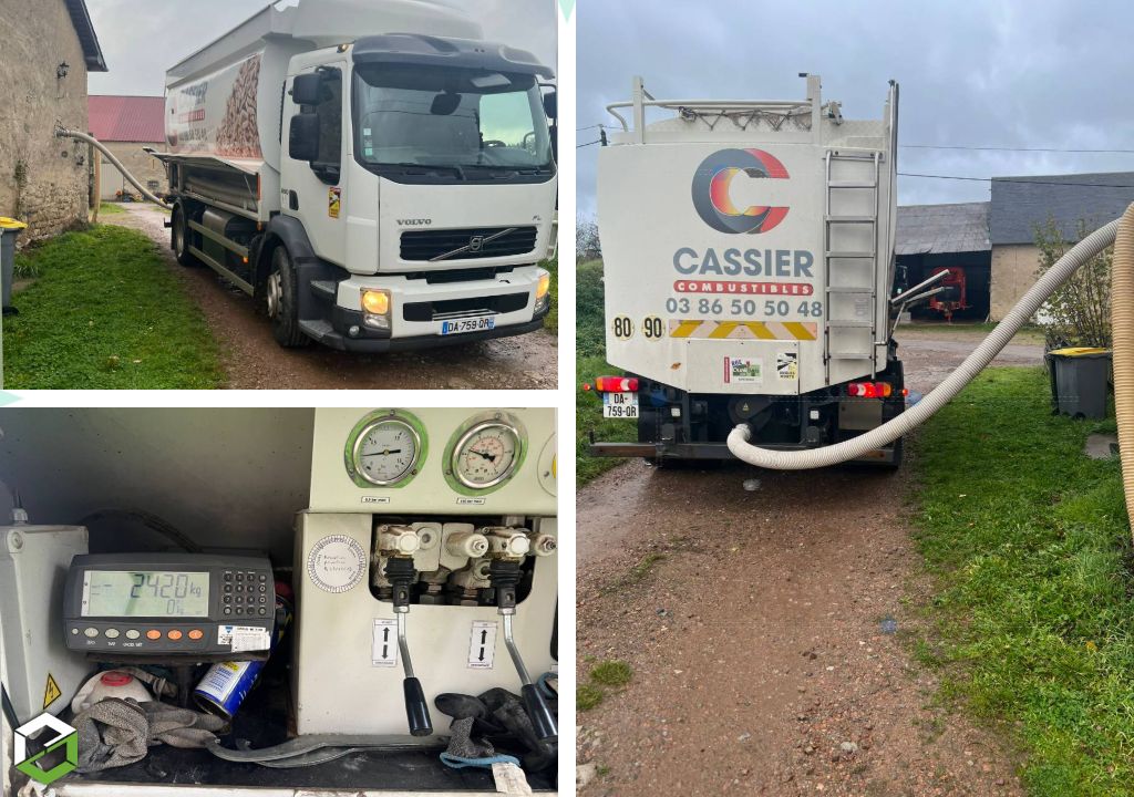 Livraison de granulés de bois en vrac en camion souffleur avec aspiration de fines