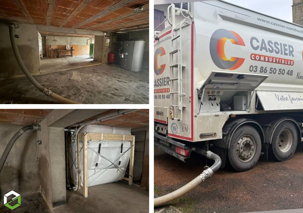 Livraison granulés de bois / pellets en vrac dans un silo textile