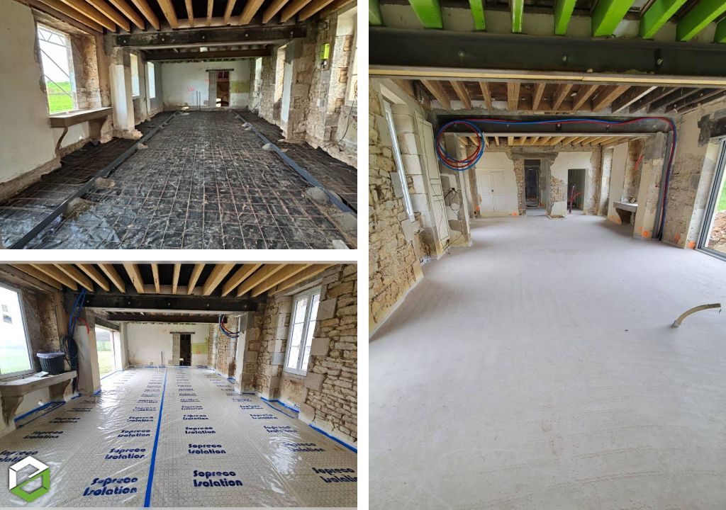 Consultez la chantier : pose d'un plancher chauffant dans un magnifique corps de ferme 