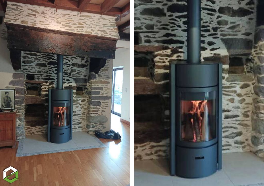 Consultez la chantier : pose d'un poêle à bois bûches stuv 30 sous une grande cheminée de longère