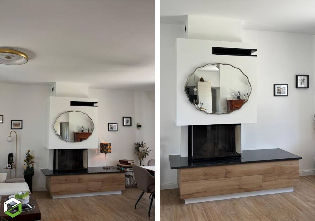 Consultez la chantier : installation d'un e cheminée 3 faces vitrées avec  foyer ruegg riii vitre escamotable