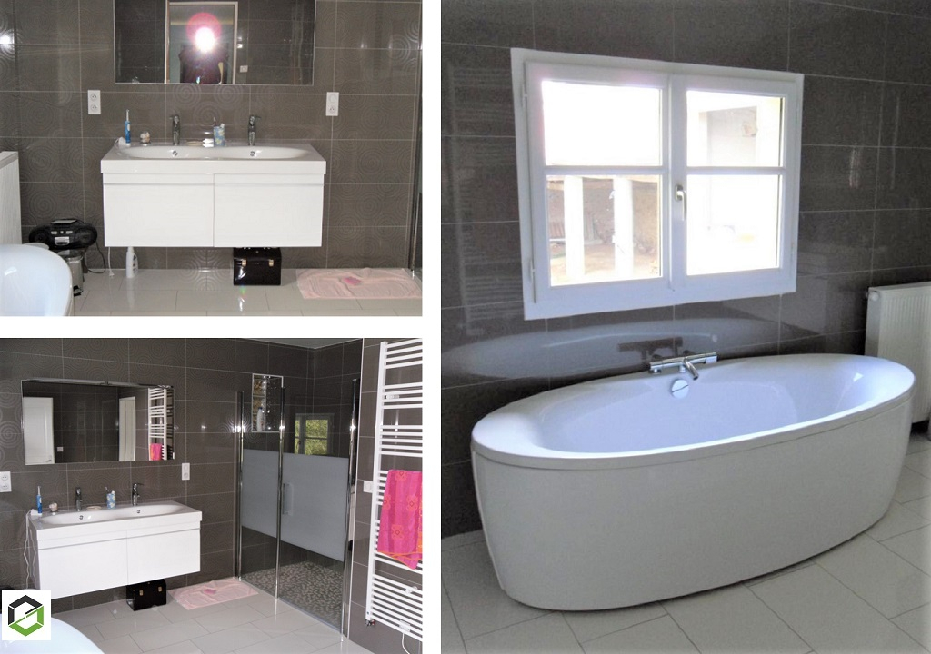 salle de bain : baignoire, douche, meuble vasque