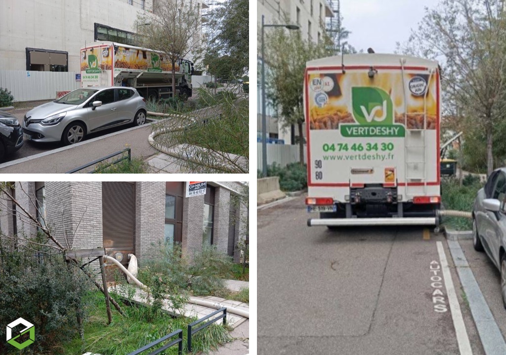 livraison de granulés de bois en vrac par camion souffleur avec raccord bouches extérieures