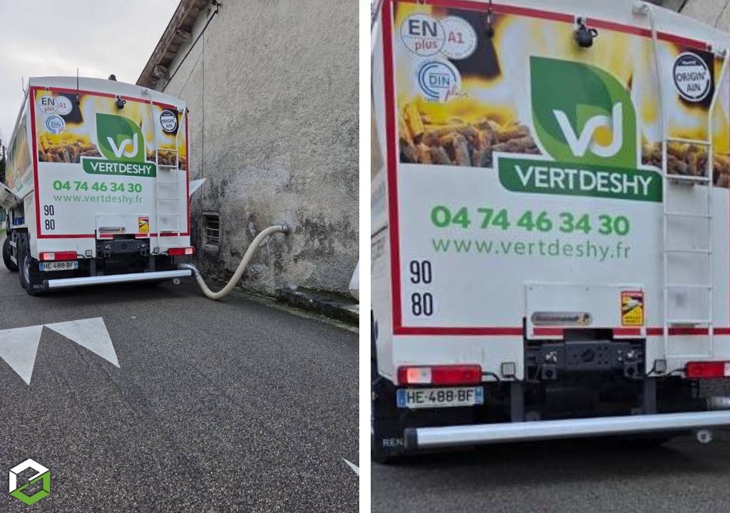 livraison de granulés de bois en vrac par camion souffleur via bouches extérieures
