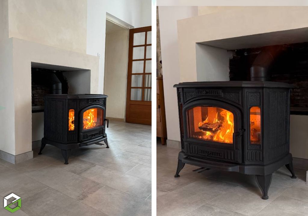 POSE D'UN POELE A BOIS KRATKI flamme verte 7 etoiles