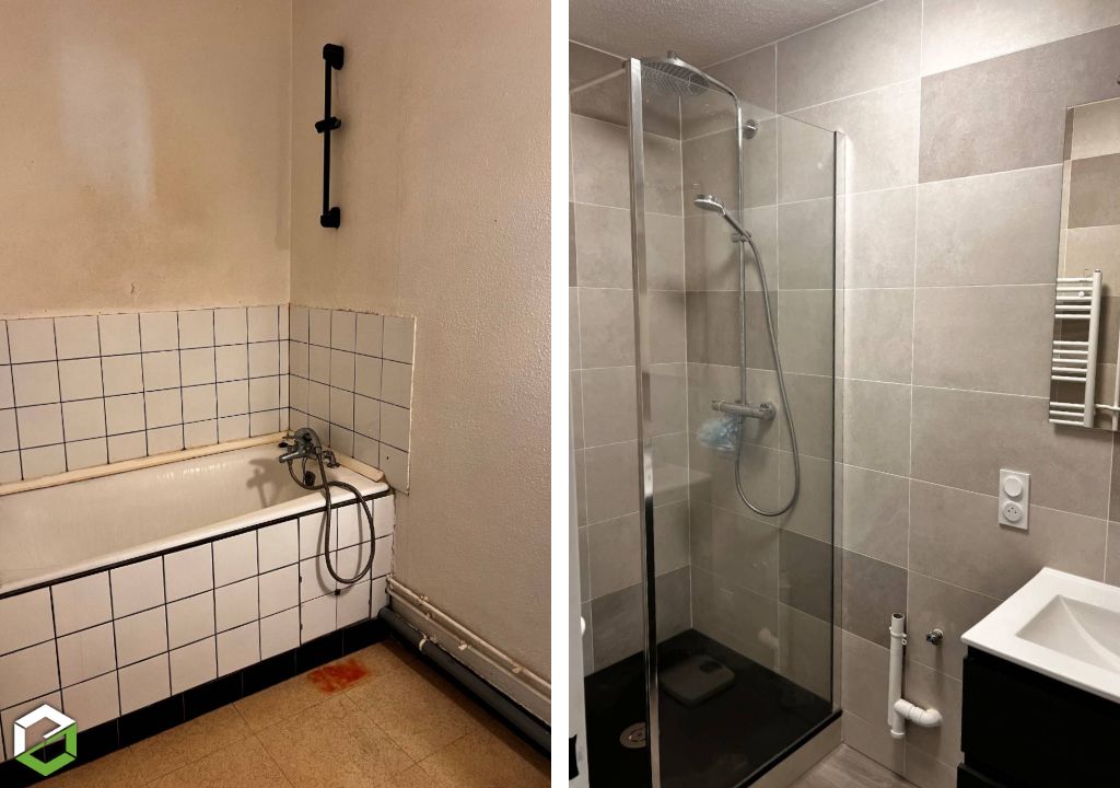 Consultez la chantier : rénovation d'une salle de bain avec remplacement d'une baignoire par une douche