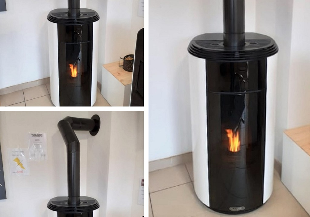Pose d'un poêle à pellets sans électricité en démonstration au showroom 