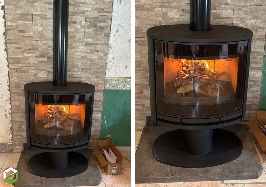 Installation d'un poêle à bois MABLY POD ACIER NOIR  5 - 10 kW de chez TURBO FONTE - RGE QualiBois (bûches de 50cm)